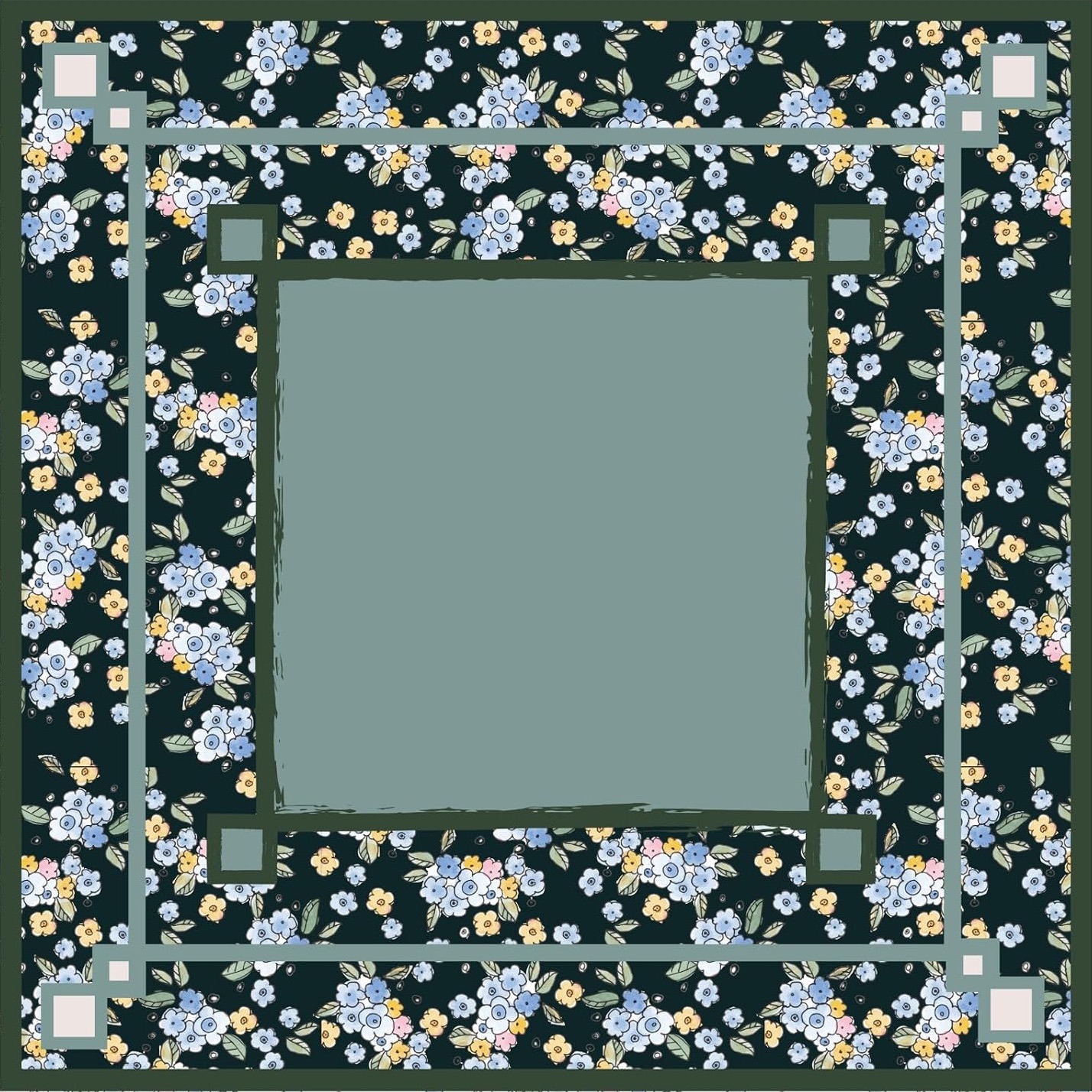 Artwork for the Midnight Bloom mahjong mat design: tiny blue, yellow and blush flowers scattered over a deep midnight ground, around a calm sage-green center.