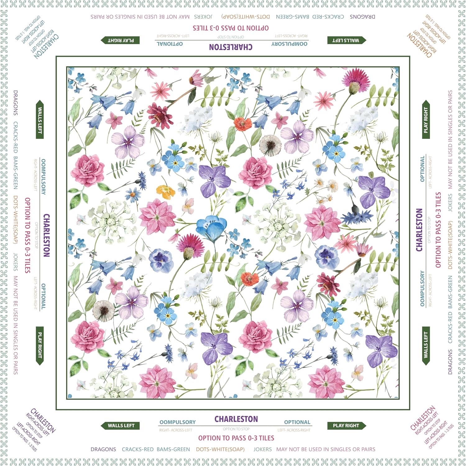 Artwork for the Wildflower mahjong mat design: a meadow of watercolor wildflowers in the center, framed by printed play reminders for the Charleston and the tile suits.