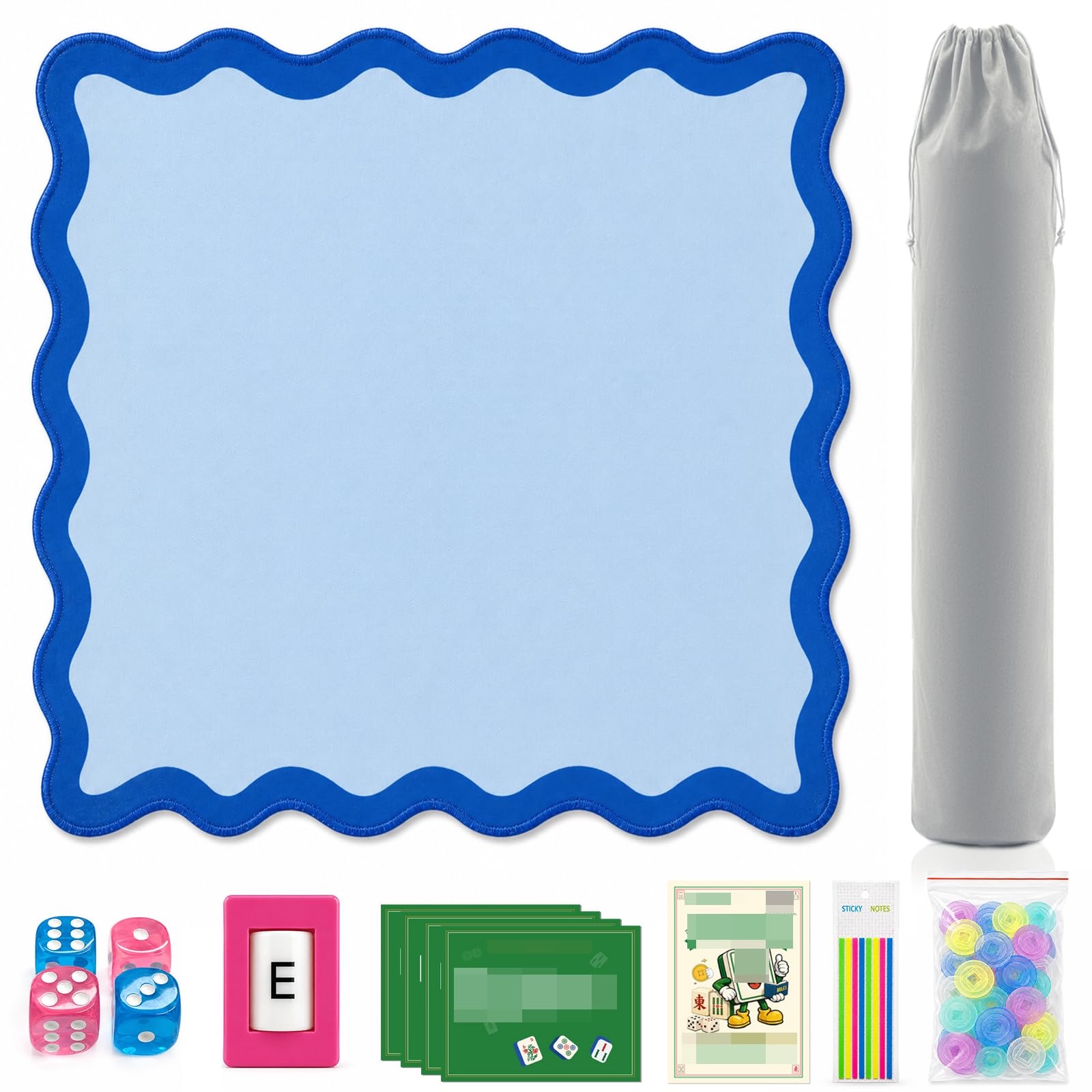 Blue scalloped mahjong mat laid flat with a gray drawstring bag, four dice, a wind marker, four rules cards, a rules guide, sticky index tabs and a bag of chips